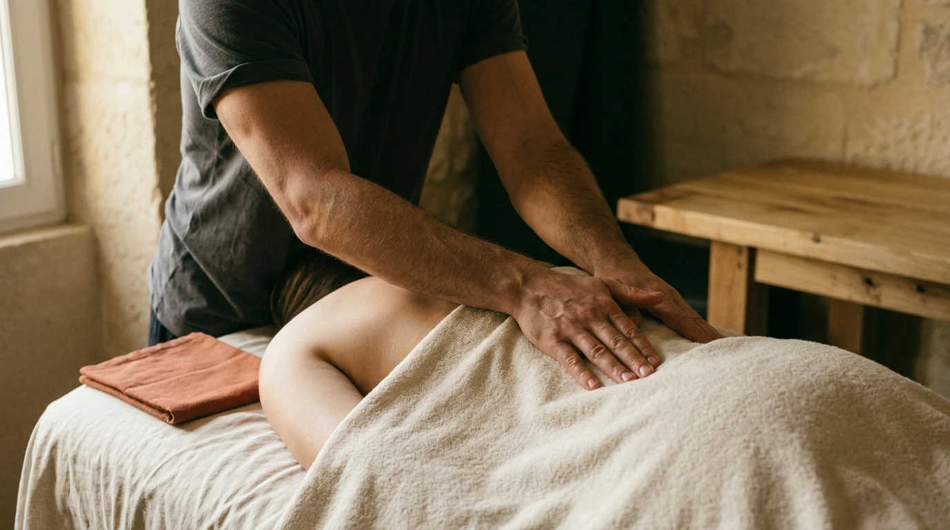 Mains d’un praticien en appui sur le haut du dos, table de massage habillée de linge écru