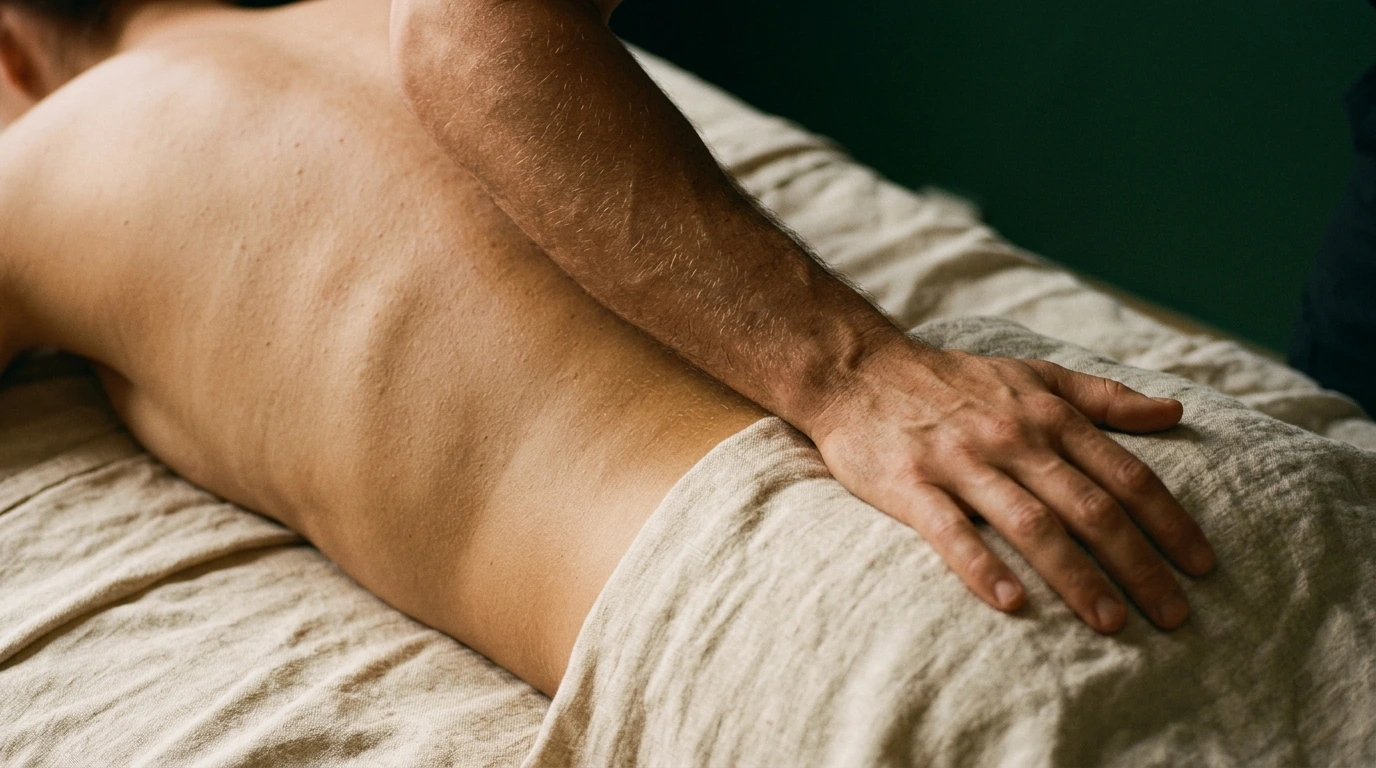 Appui de l’avant-bras le long des muscles paravertébraux, geste de massage suédois
