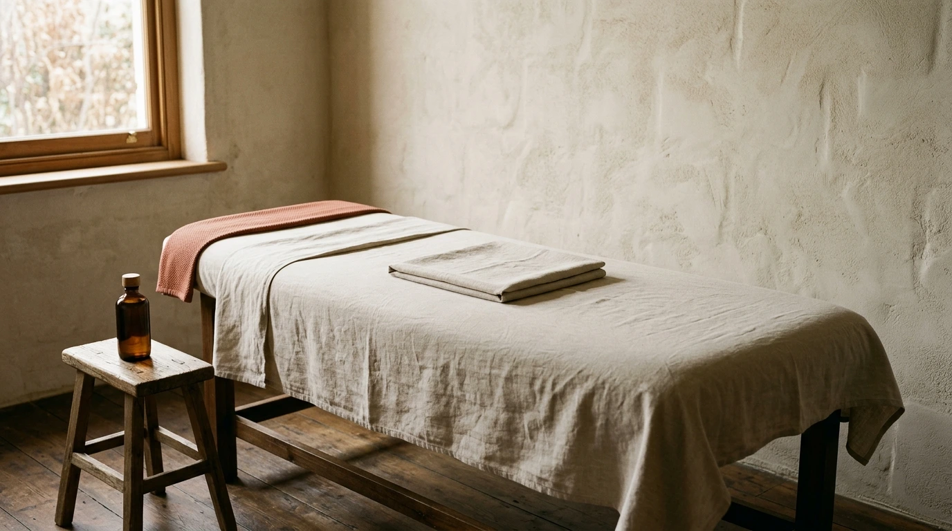Table de massage préparée avant une séance, linge plié et huile neutre posée à côté