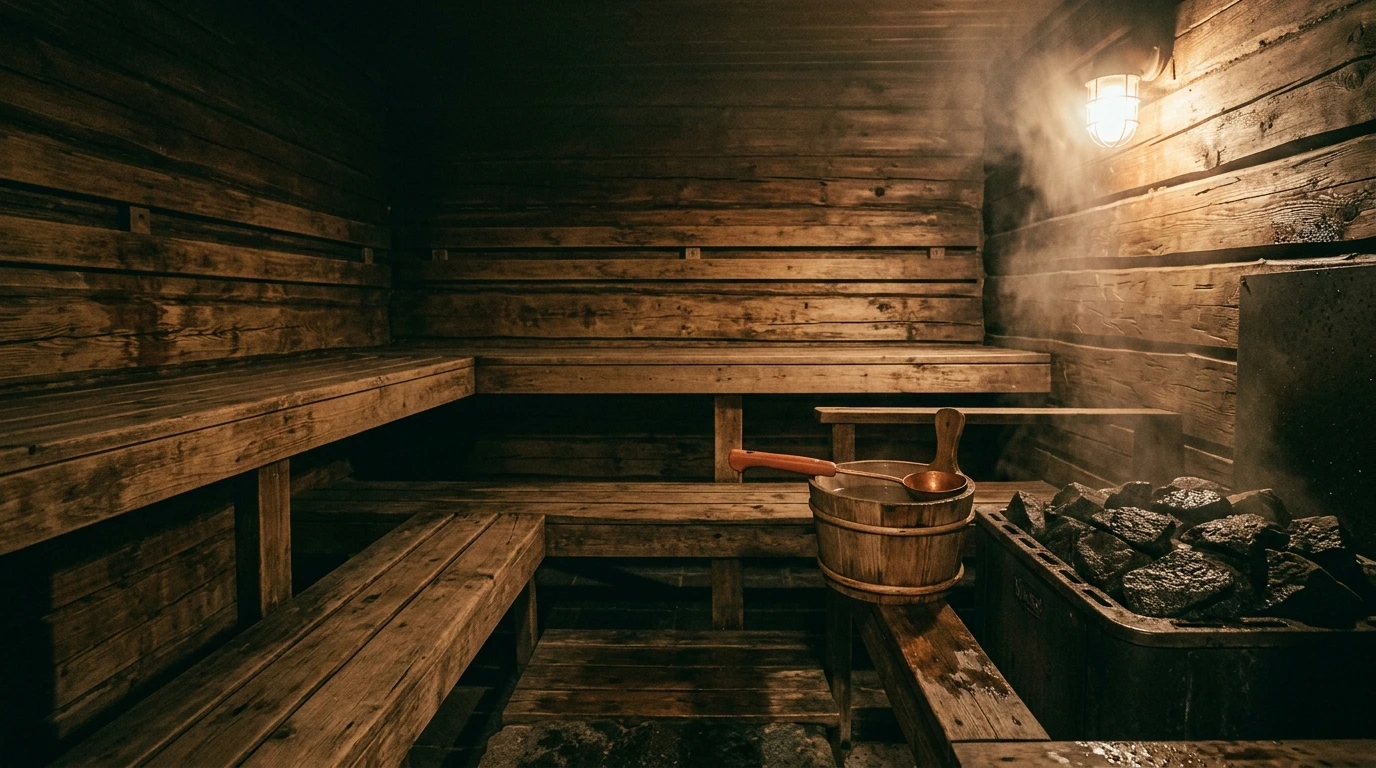 Banc de sauna finlandais en bois brut, poêle chargé de pierres et louche posée