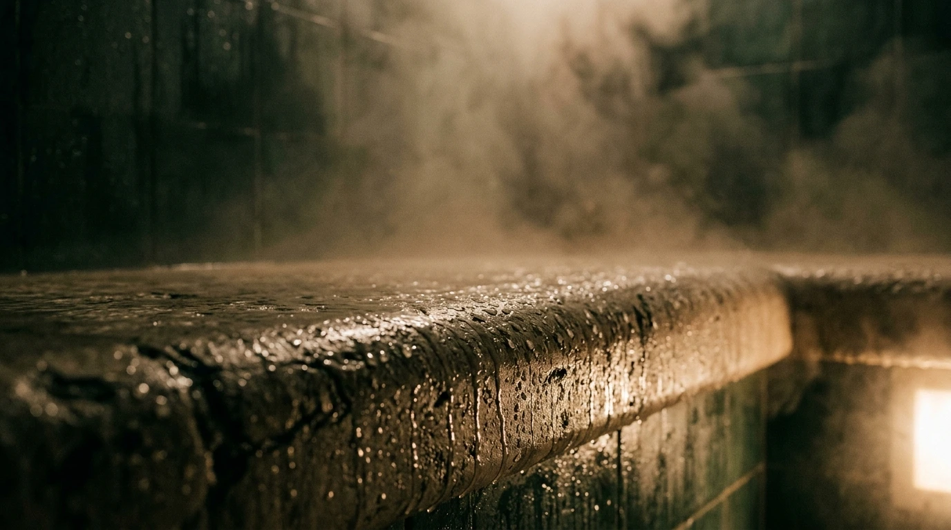Banquette de hammam en pierre couverte de condensation, vapeur dense