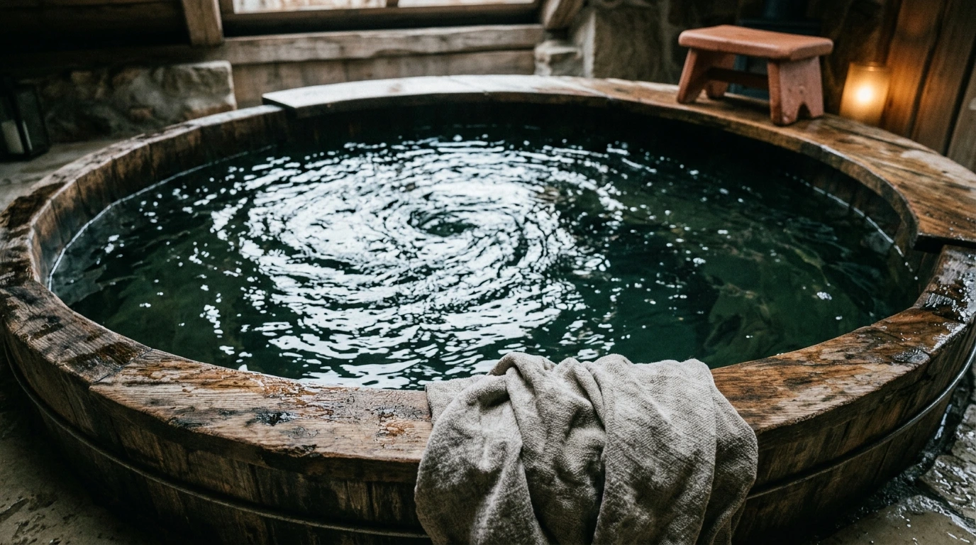 Bassin d’eau froide en bois, surface encore agitée après une immersion