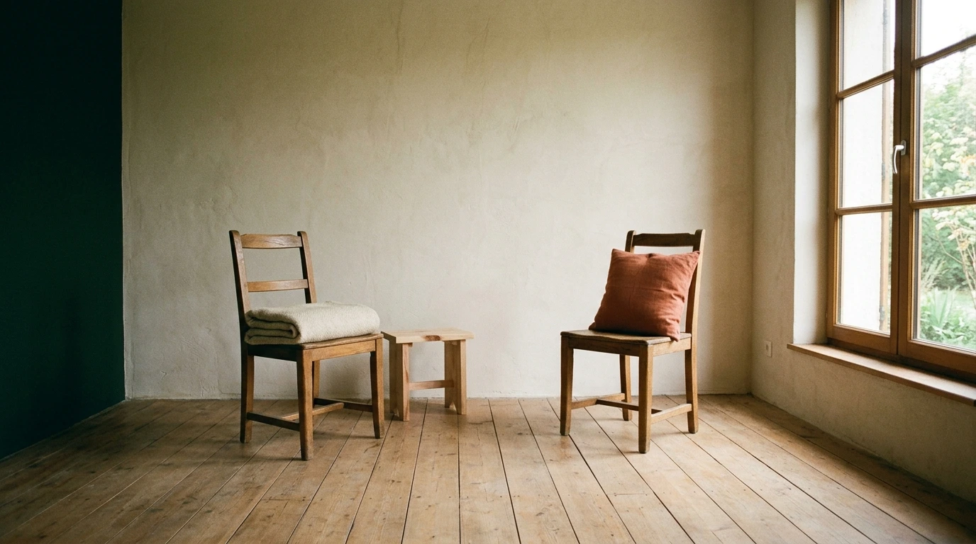 Fauteuil de séance de sophrologie et chaise du praticien face à face, pièce vide
