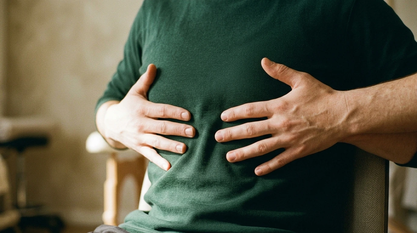 Mains posées à plat sur le bas des côtes, repère d’un exercice de respiration abdominale