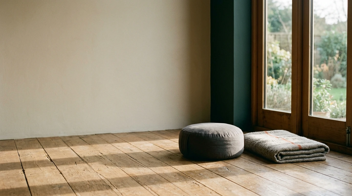 Coussin de méditation posé au sol près d’une fenêtre, plaid replié à côté