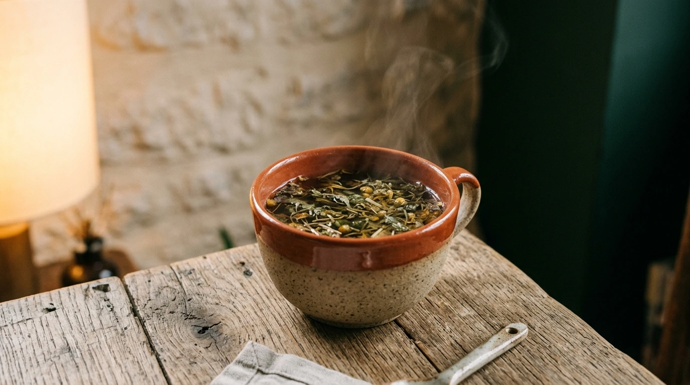 Infusion de plantes en cours d’extraction, feuilles séchées et tasse en grès