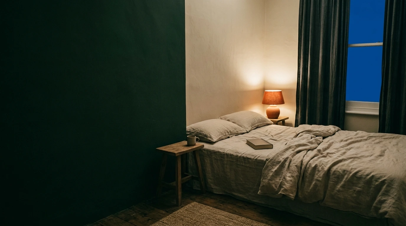 Chambre au moment du coucher, lampe basse allumée et lit préparé