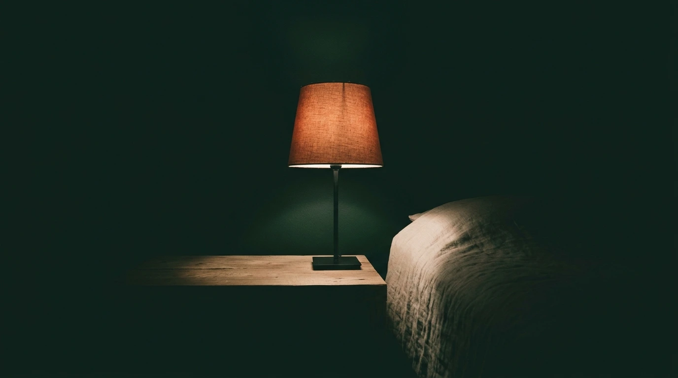 Lampe de chevet à lumière chaude allumée seule dans une pièce assombrie