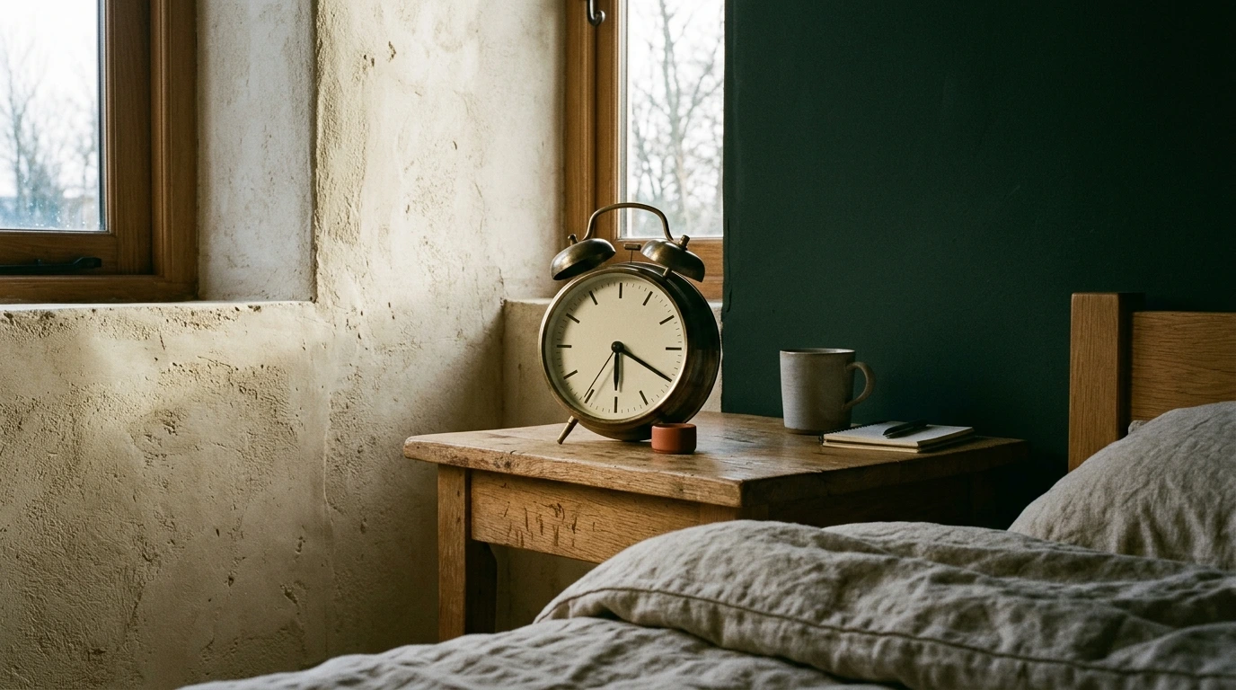 Réveil analogique posé sur une table de nuit, aiguilles lisibles à la lumière du matin