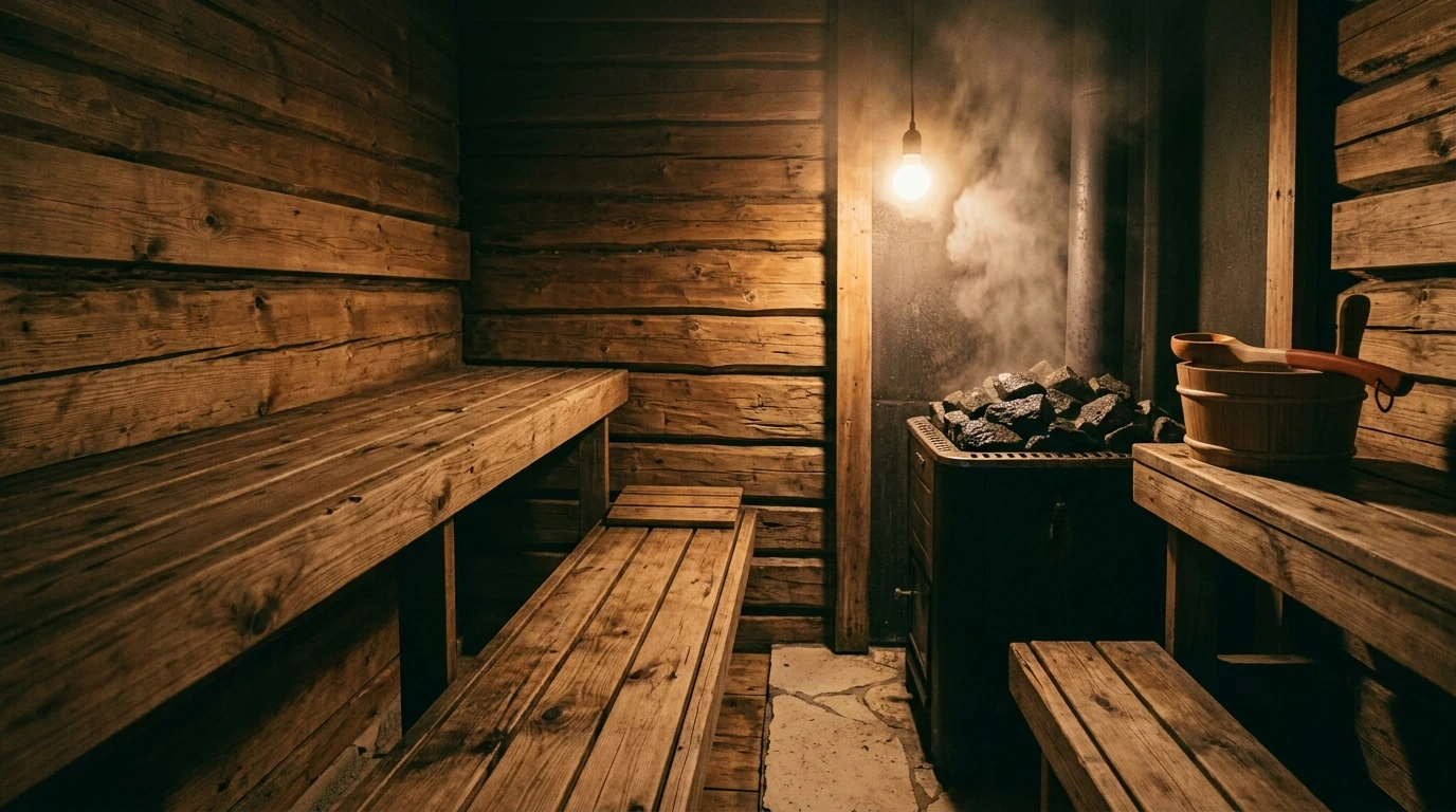 Intérieur de sauna en bois brut, vapeur et louche posée sur le bord du seau