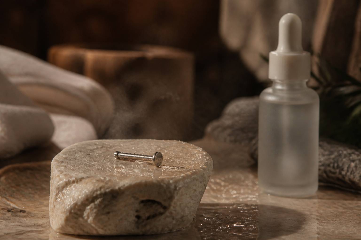 Barre labret en titane posée sur une pierre humide avec vapeur légère