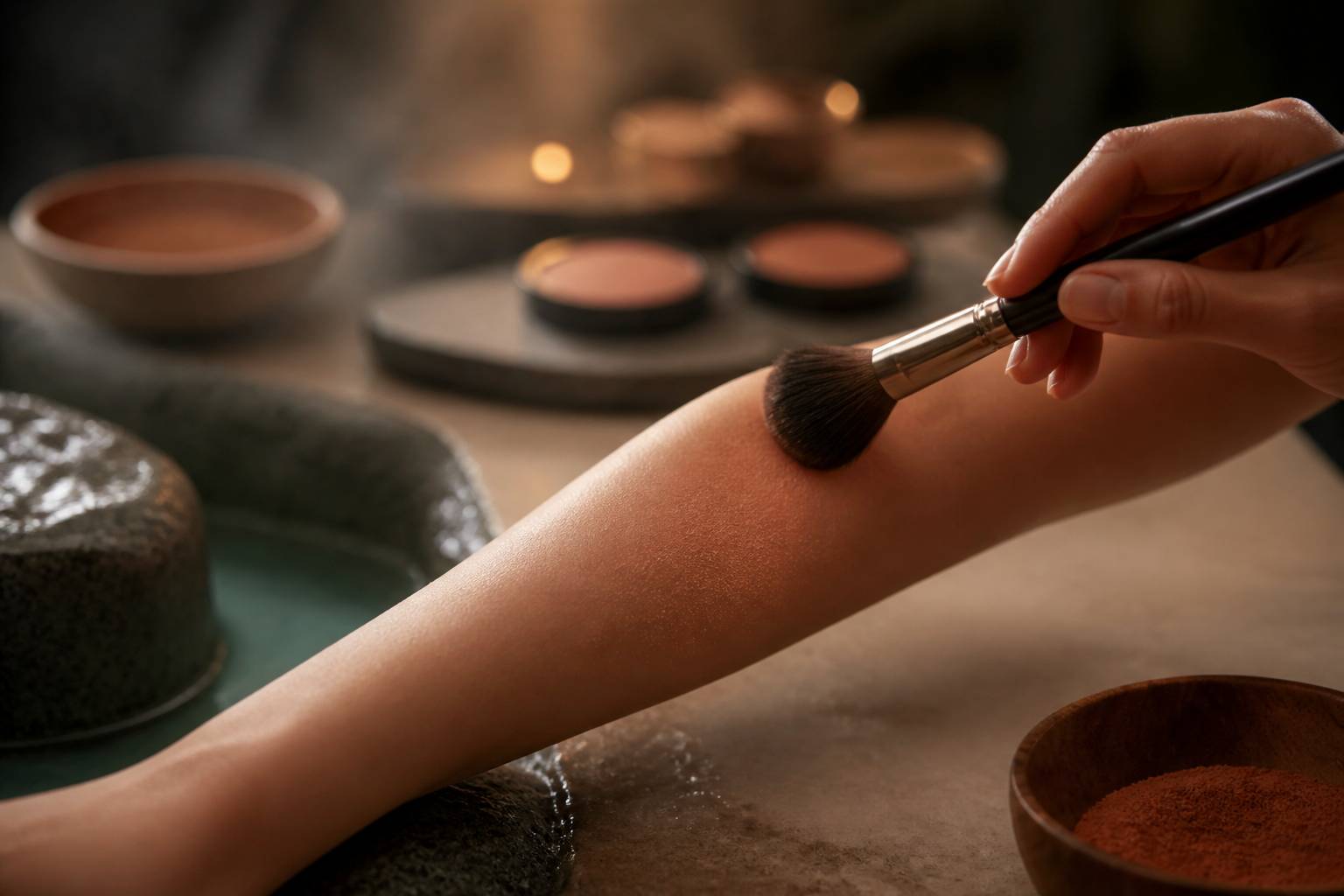 Pinceau appliquant de la poudre bronzer sur un avant-bras
