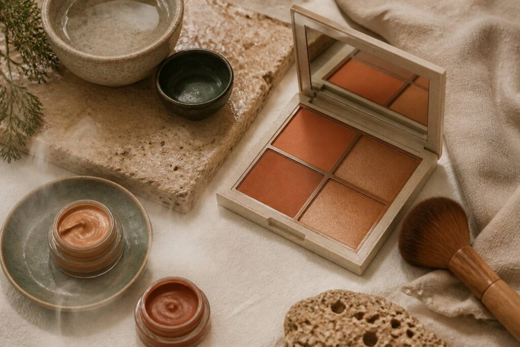Flat-lay de maquillage bronzer avec palette et pinceau sans marque