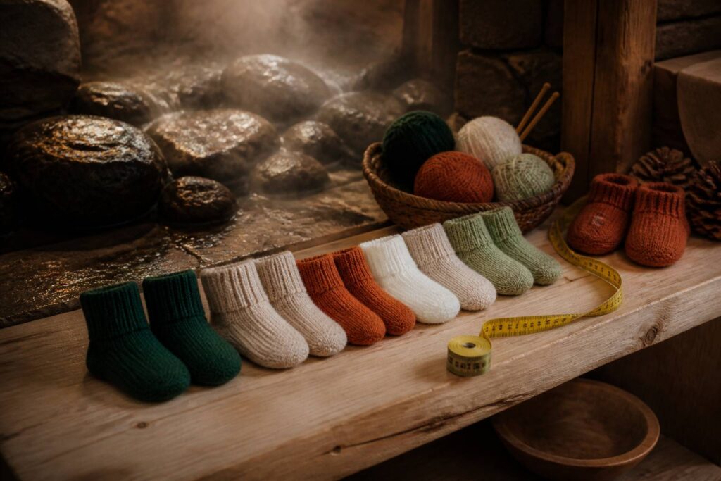 Petites chaussettes bébé colorées alignées avec un mètre ruban
