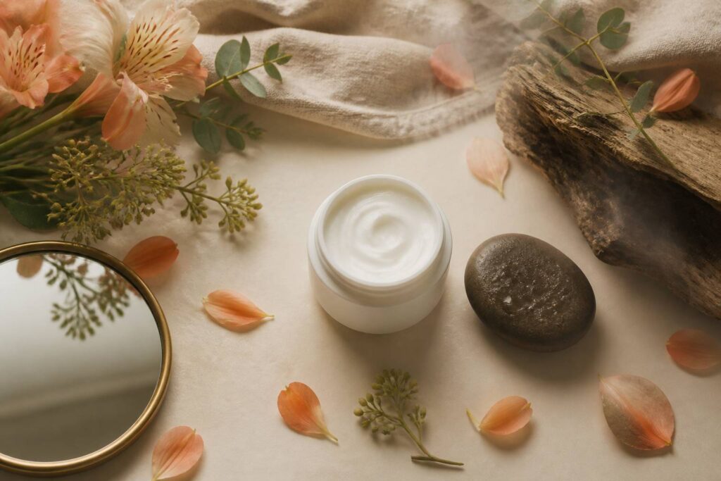 Pot de crème visage sans étiquette avec ingrédients cosmétiques autour