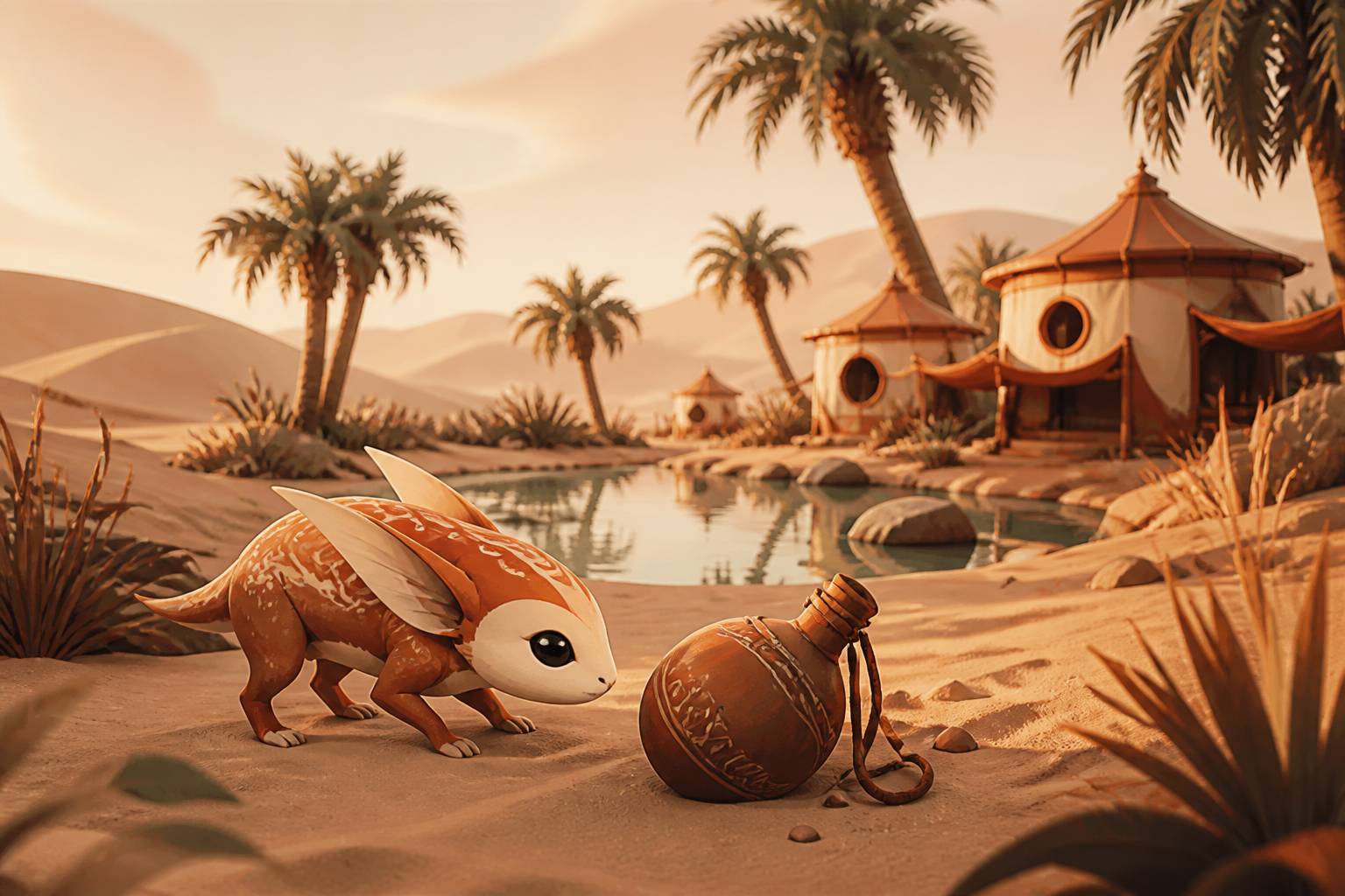 Oasis stylisée dans un désert de jeu vidéo avec une créature curieuse et paisible