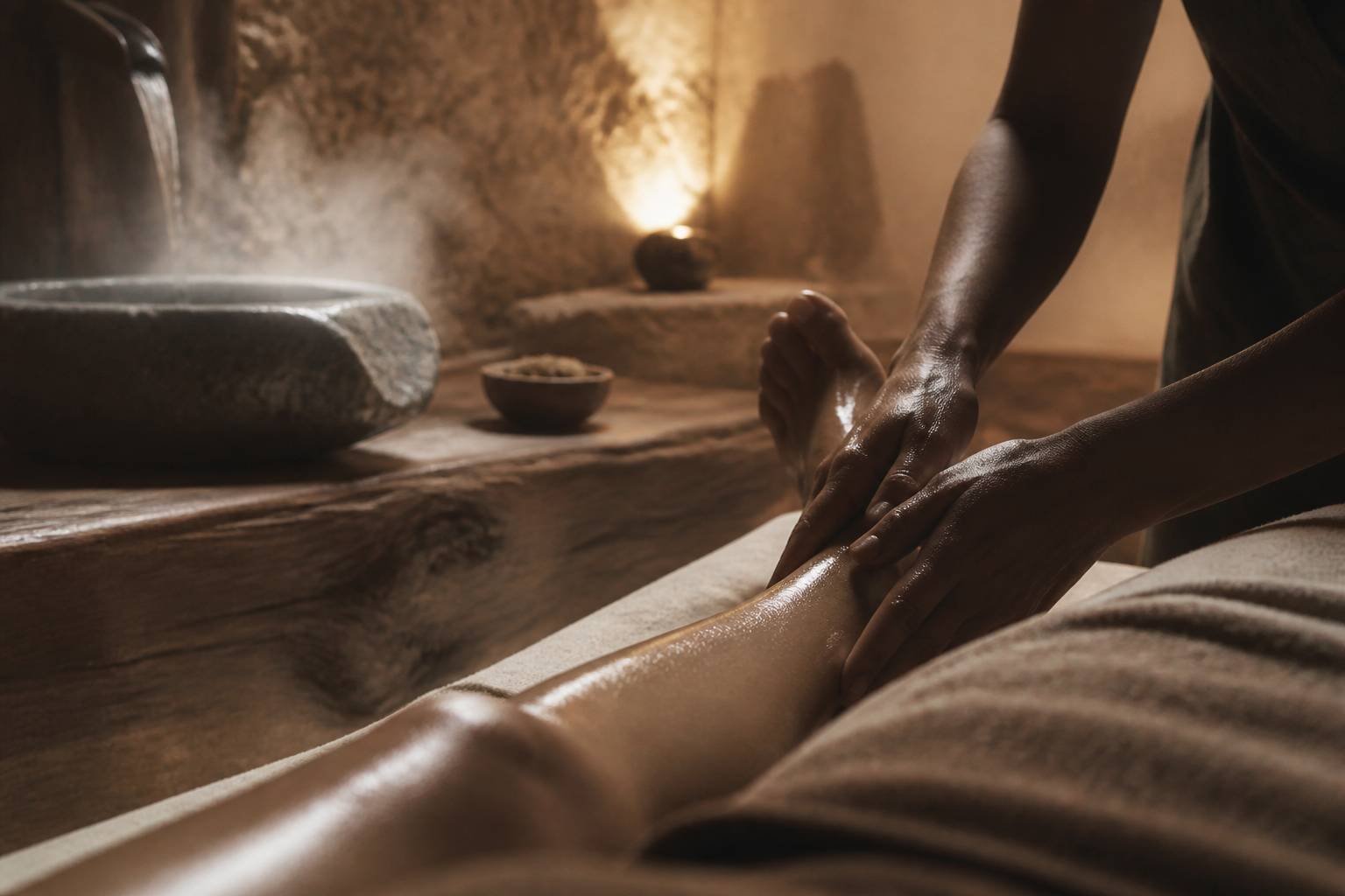 Mains effectuant des gestes lents le long d'une jambe allongée
