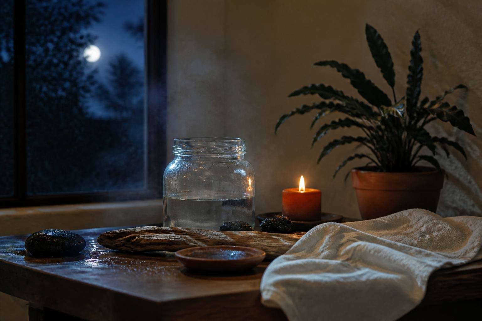 Bocal d'eau sur une table près d'une fenêtre de nuit avec la lune et une bougie