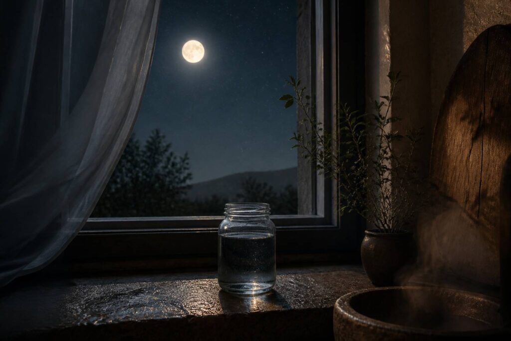 Bocal en verre rempli d'eau posé sur un rebord de fenêtre sous la pleine lune