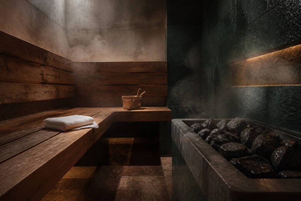 Banquettes en bois d'un sauna avec louche et pierres chaudes