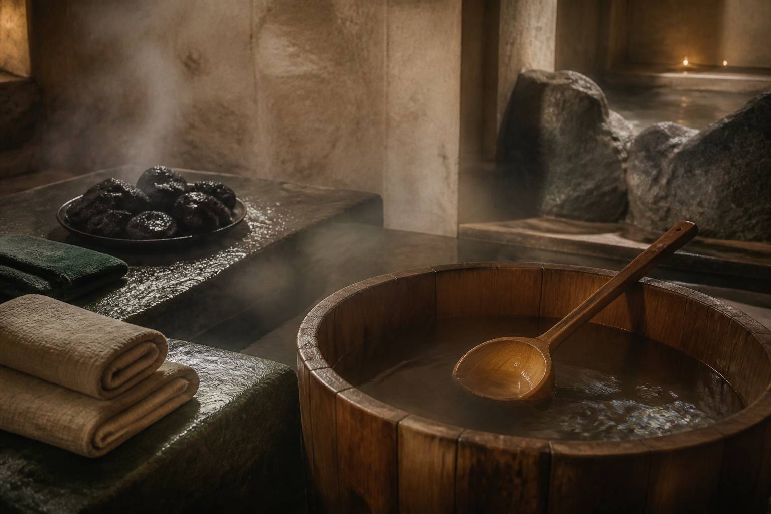 Bac en bois avec eau fraîche et pierres volcaniques dans un hammam