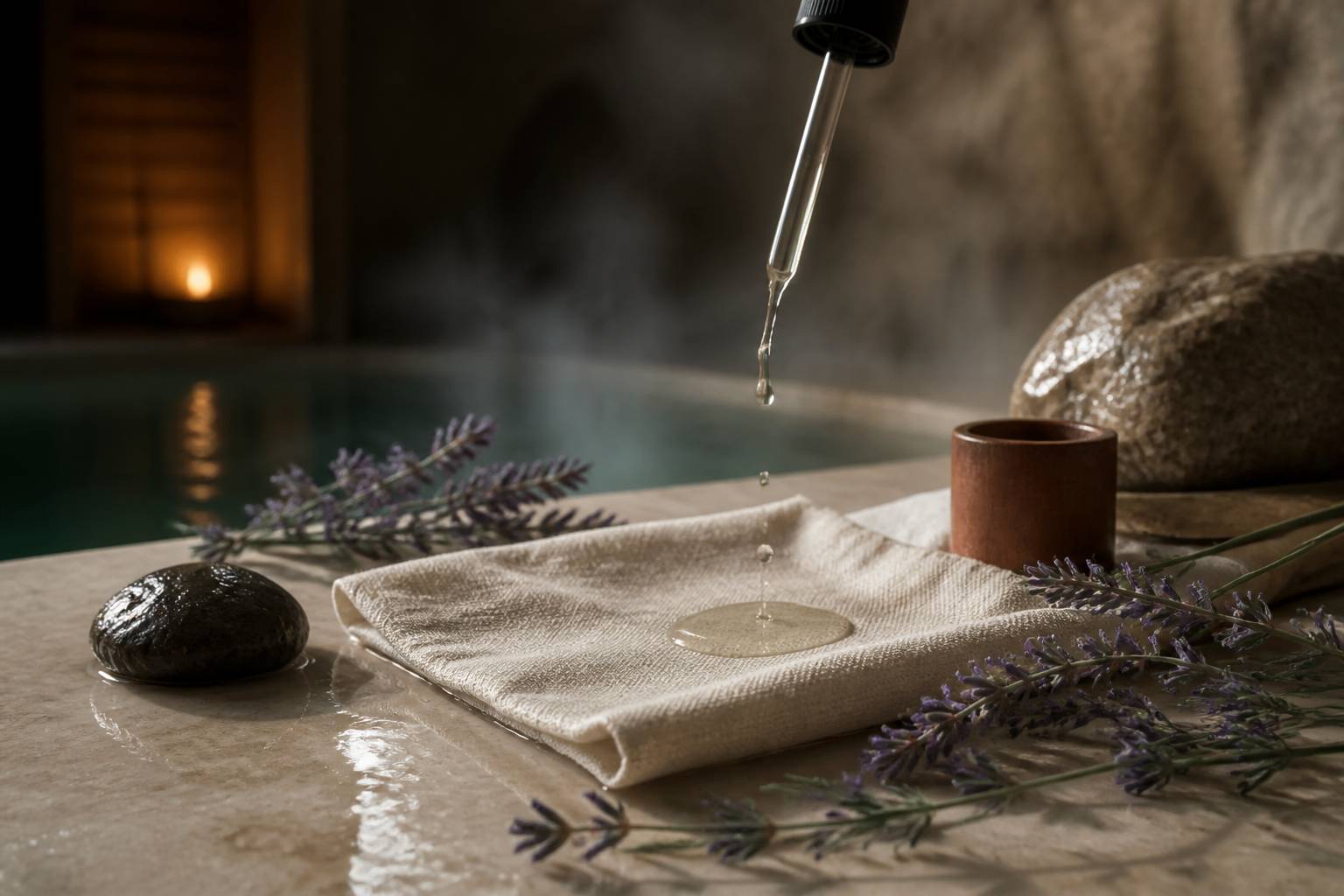 Goutte d'huile essentielle tombant d'un compte-gouttes