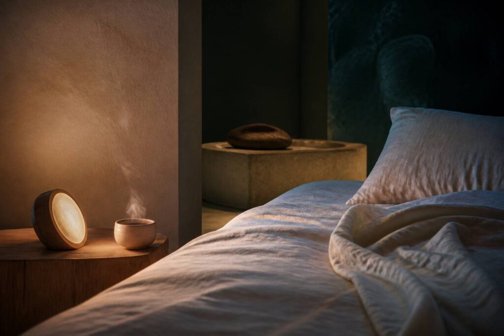 Chambre calme la nuit avec lit en lin et tisane fumante
