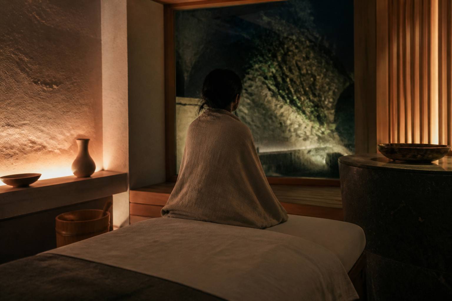Personne en silhouette assise au bord du lit la nuit