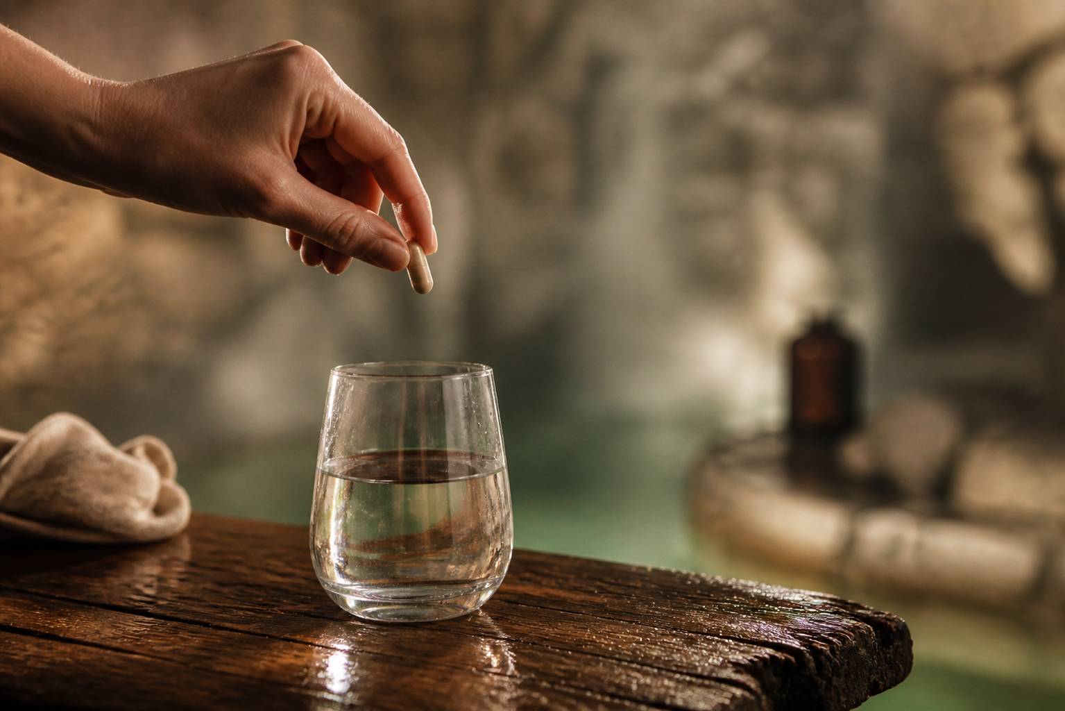 Main tenant une gélule au-dessus d'un verre d'eau