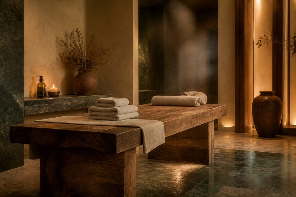 Table de massage en bois avec serviettes et huile de massage