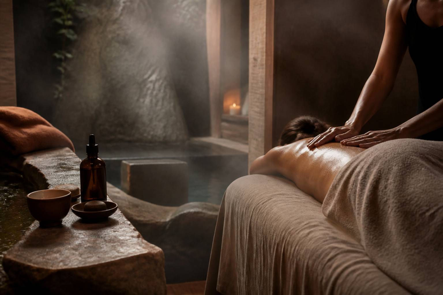 Gestes amples de massage sur le dos d'une personne allongée