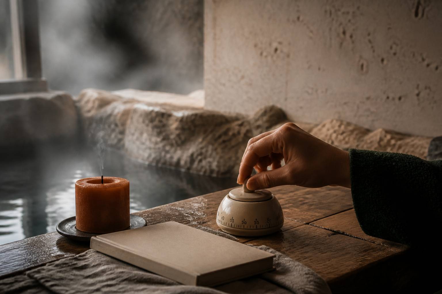 Main ajustant un minuteur mécanique près d'une bougie