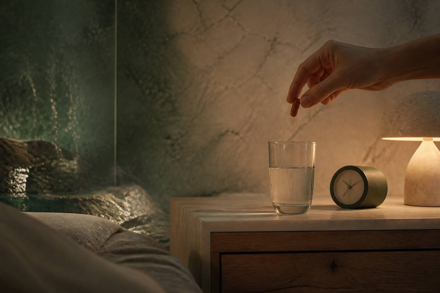 Main tenant une gélule au-dessus d'un verre d'eau la nuit