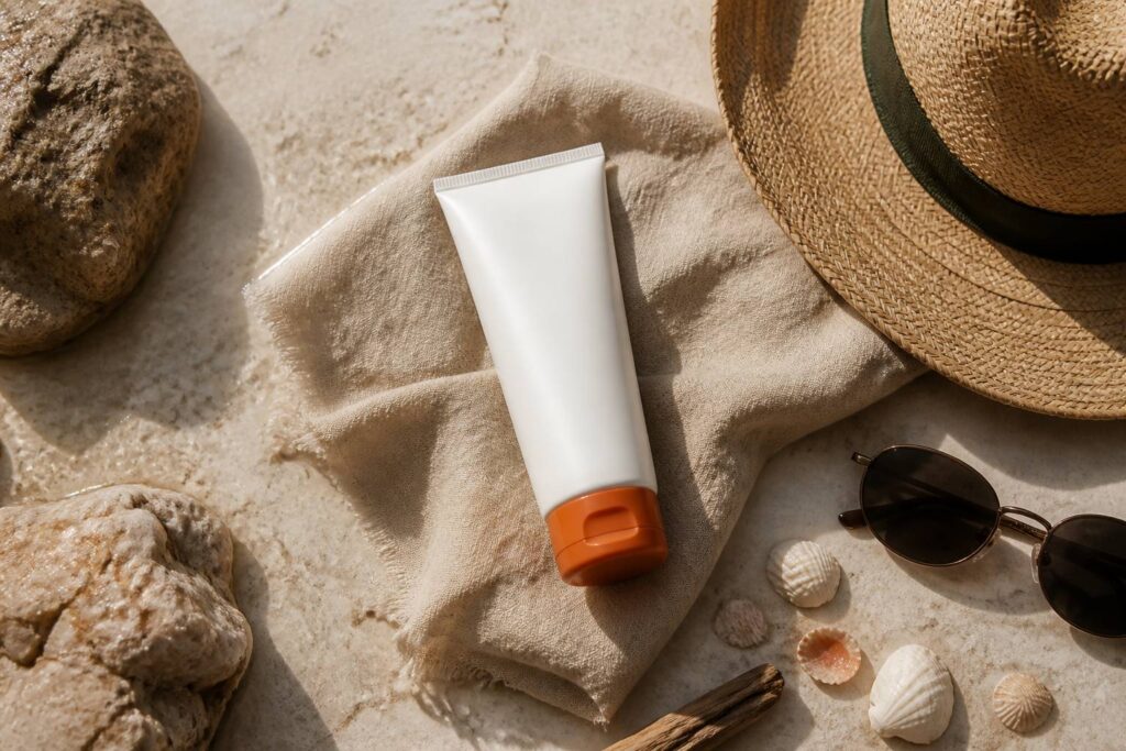 Flacon de creme solaire avec chapeau de paille et serviette en lin
