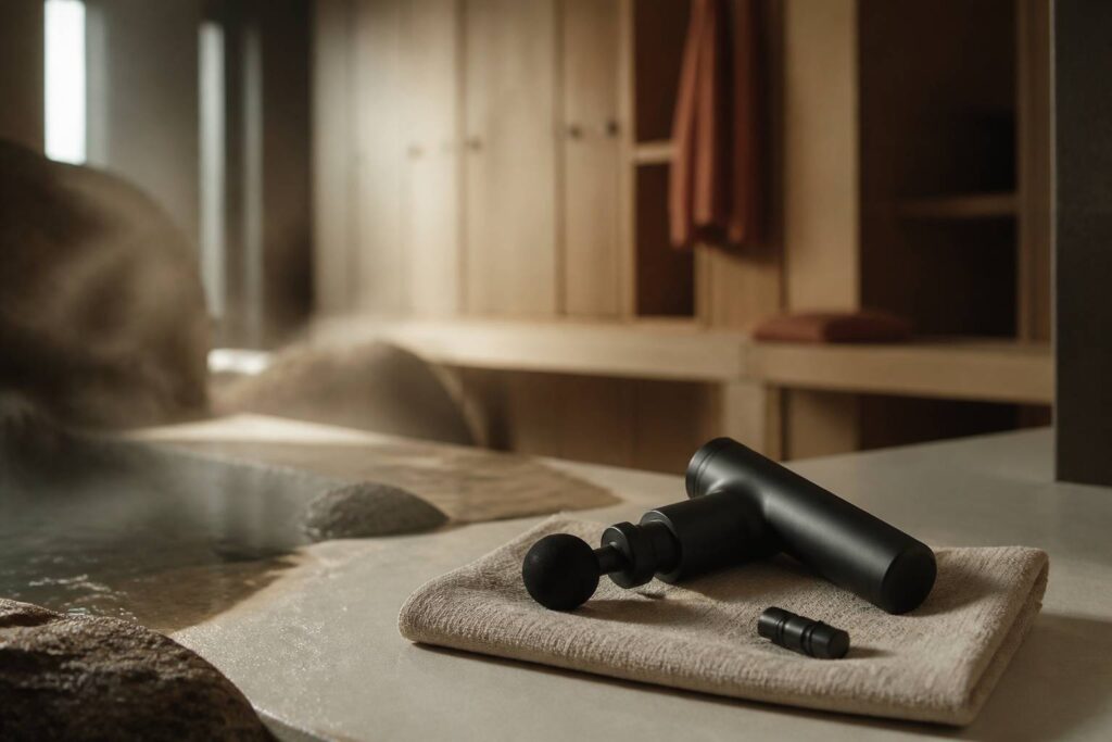 Pistolet de massage noir posé sur une serviette en lin