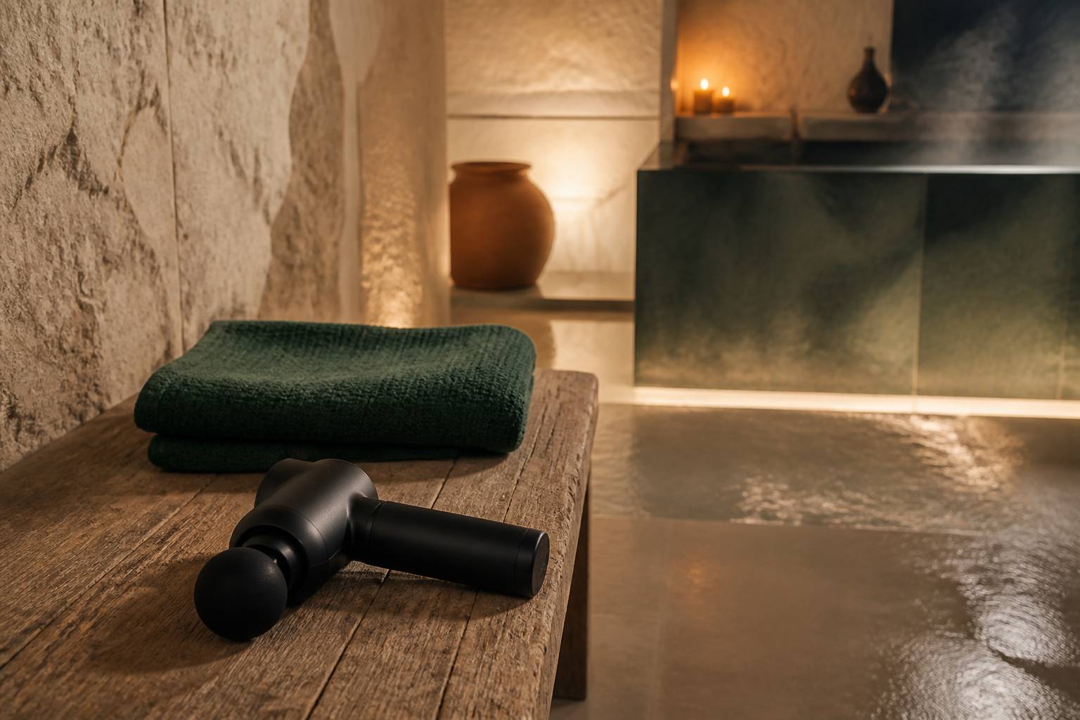 Main tenant un pistolet de massage contre un mollet