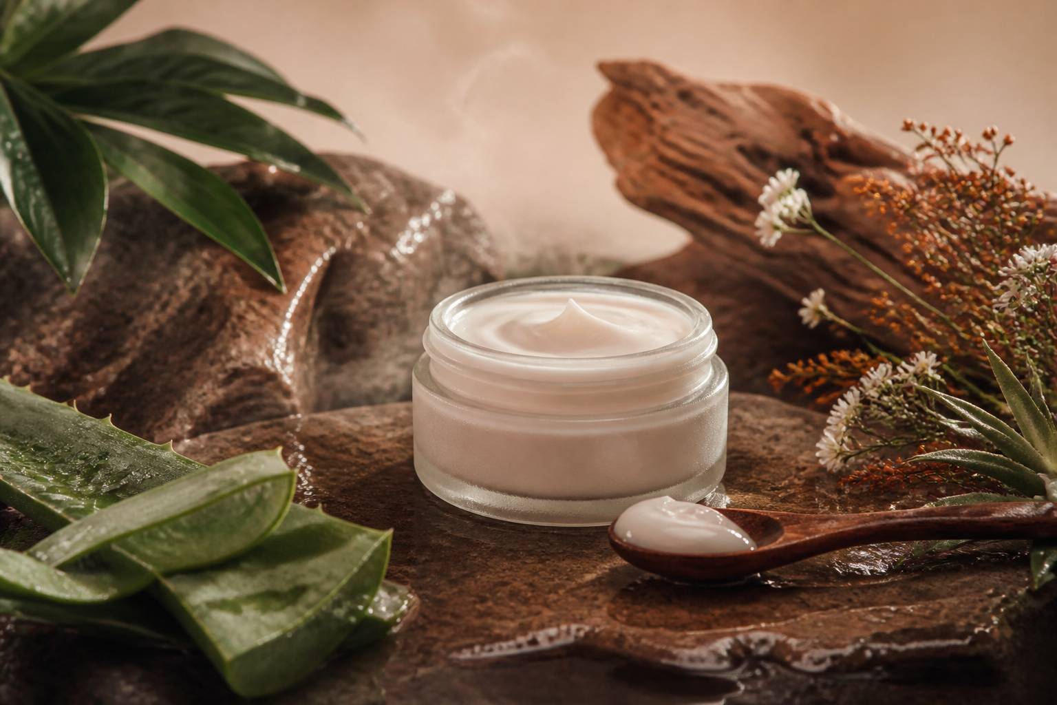 Flat-lay cosmétique avec pot de crème et ingrédients naturels