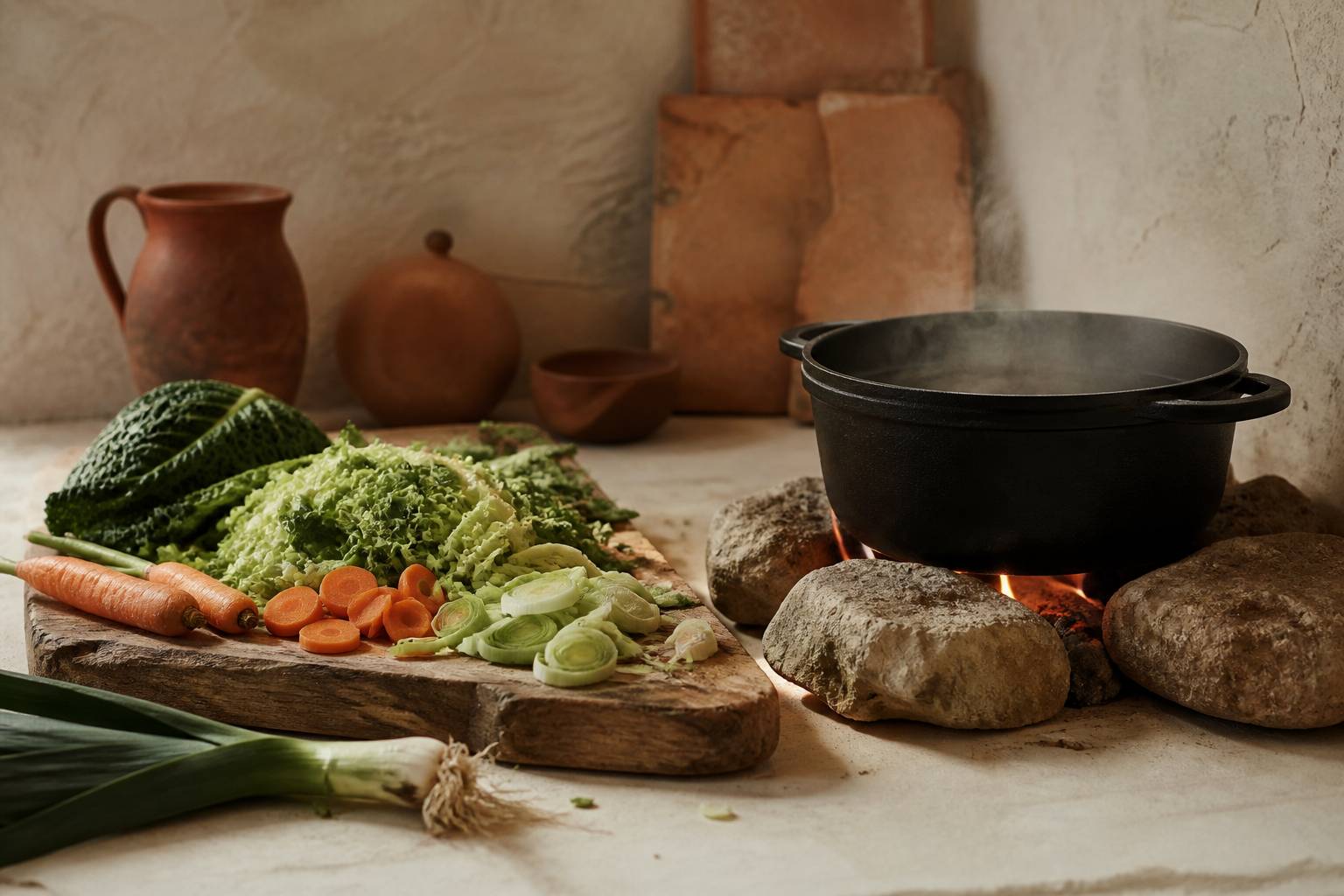 Préparation de soupe aux choux dans une marmite en fonte avec légumes frais