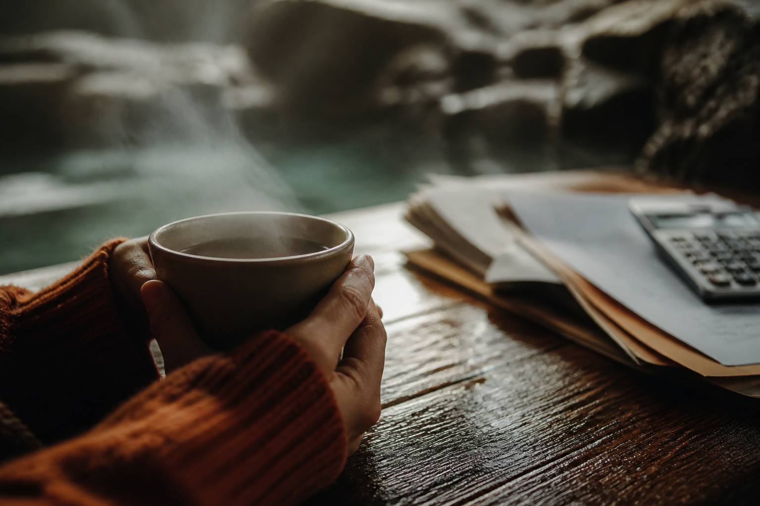 Mains autour d'une tasse de the chaude pres de papiers