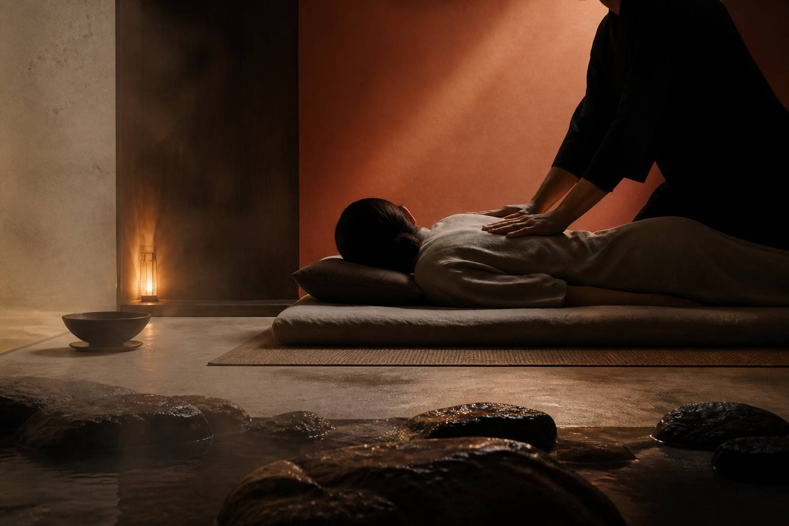 Mains d'un praticien appuyant le long du dos sur un futon
