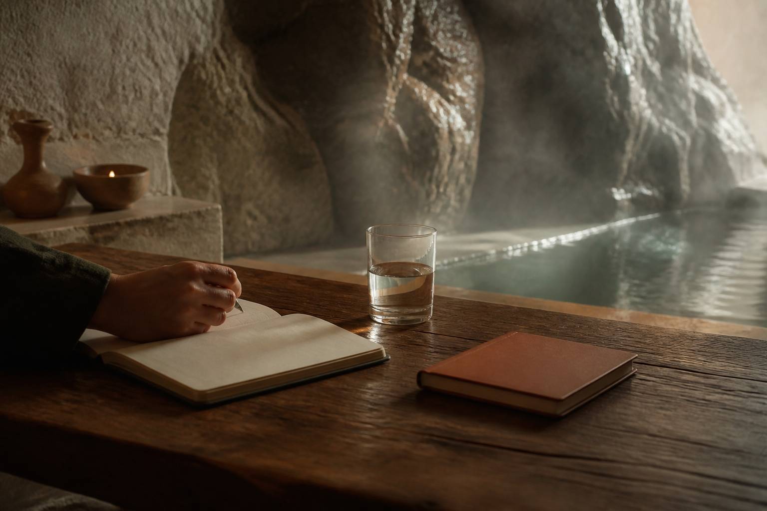 Main écrivant dans un carnet sur un bureau en bois