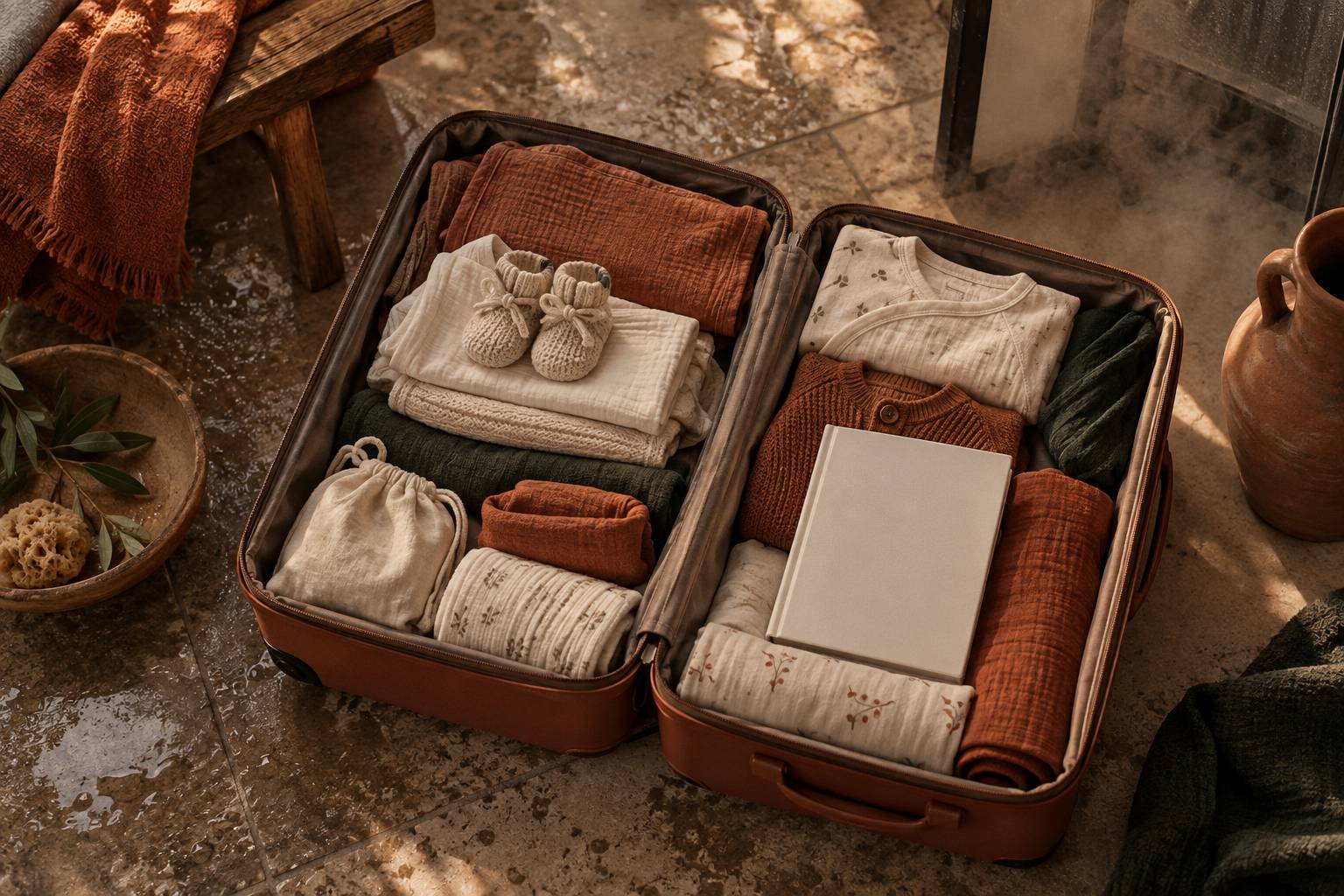 Valise de maternité ouverte avec linge plié et chaussons