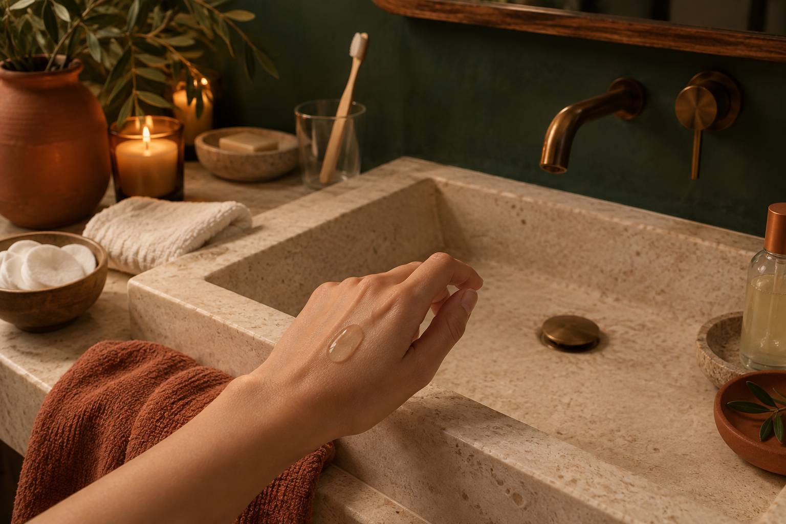 Application d'une noisette de gel translucide sur une main près d'un lavabo en pierre