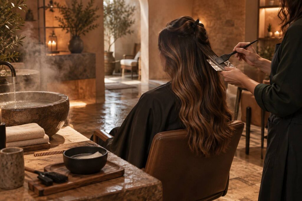 Illustration éditoriale du sujet : Balayage sur brune : nuances qui fonctionnent et entretien