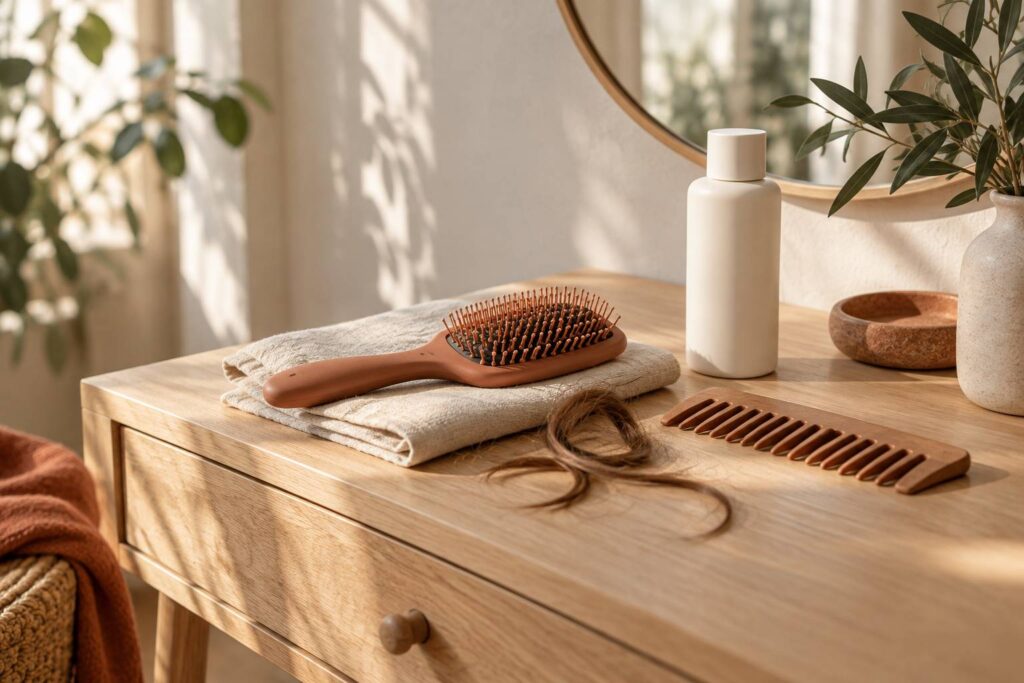 Coiffeuse en bois clair avec brosse demelante a picots souples sur un linge de lin