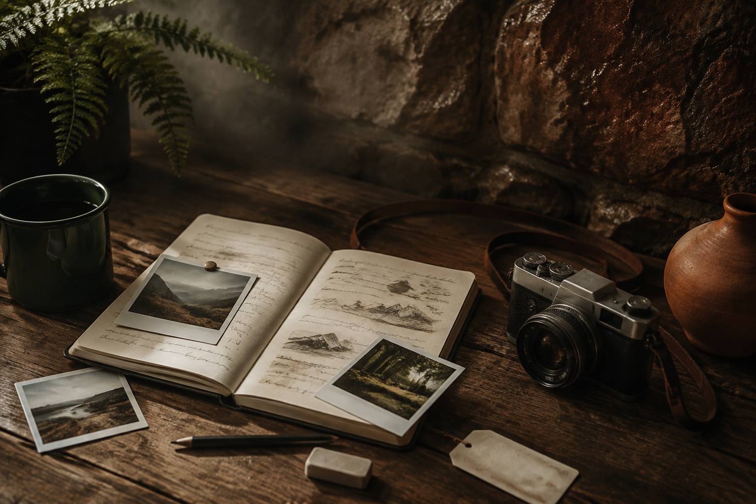 Carnet de voyage ouvert avec photos de paysages épinglées et appareil photo argentique