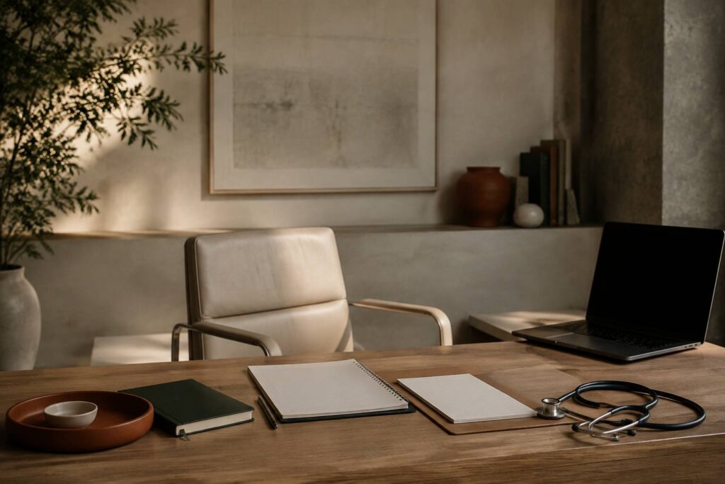 Bureau de consultation médicale clair avec documents et stéthoscope