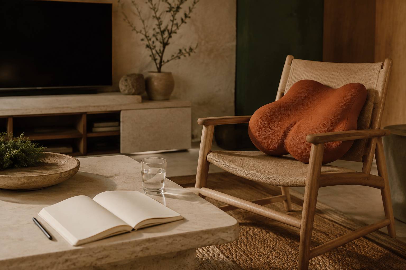 Coussin ergonomique et carnet de suivi posés près d'un fauteuil