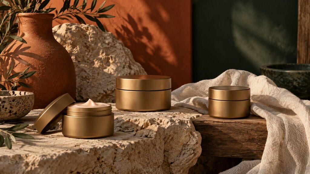 Pots de crème dorée sans étiquette sur pierre calcaire et bois brut