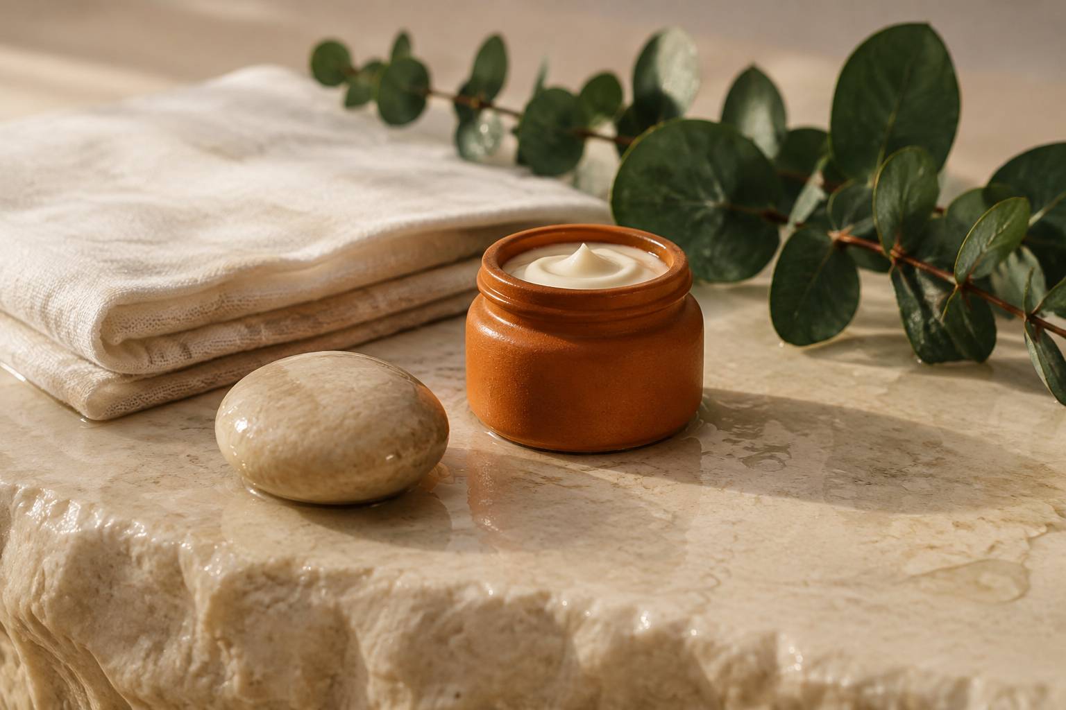 Pot de crème contour des yeux en céramique posé sur une pierre calcaire avec un linge en lin